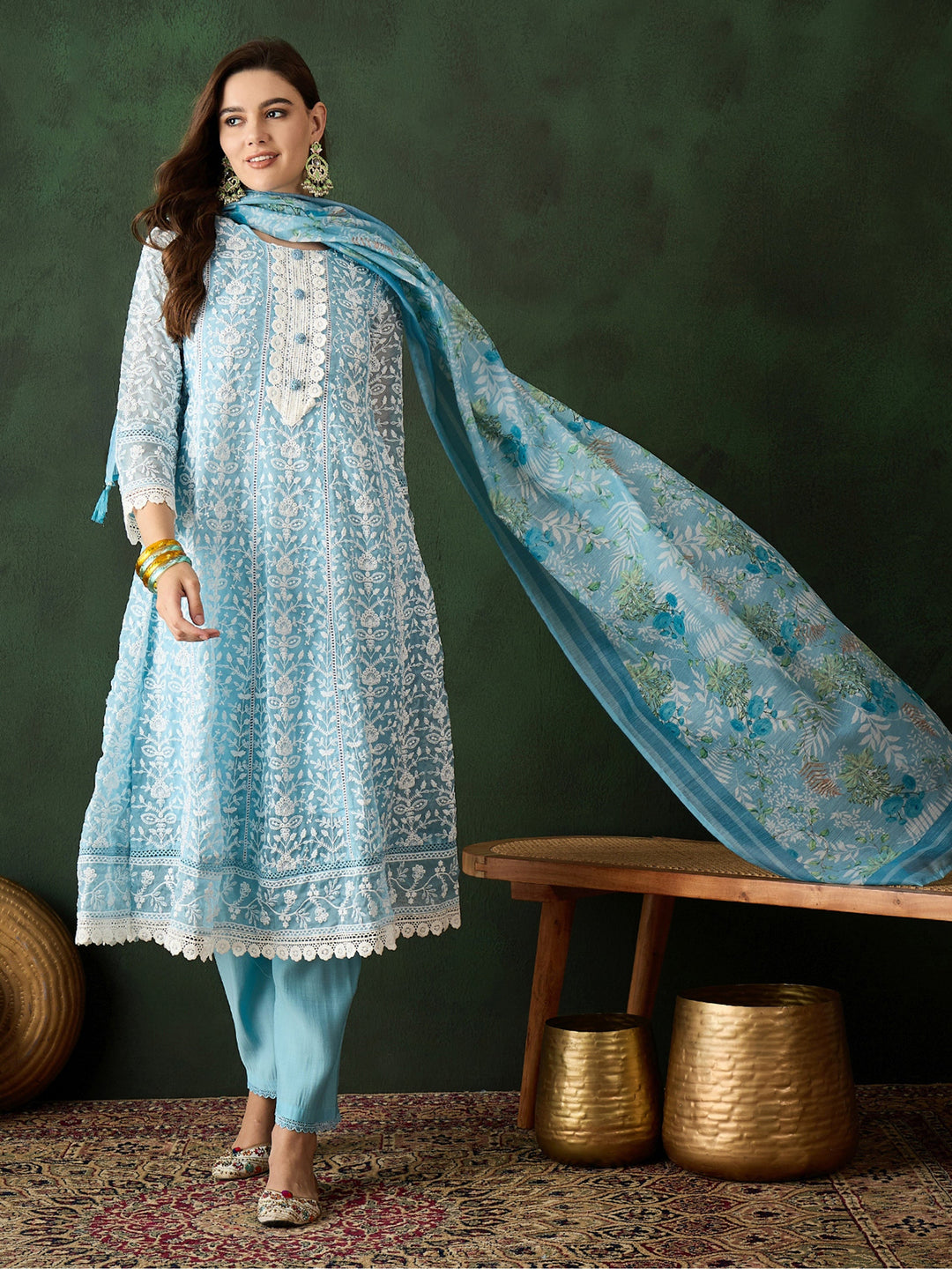 Captivating Sky Blue Embroidered Organza Pant Suit With Dupatta