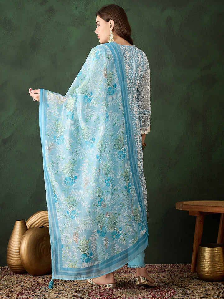 Captivating Sky Blue Embroidered Organza Pant Suit With Dupatta