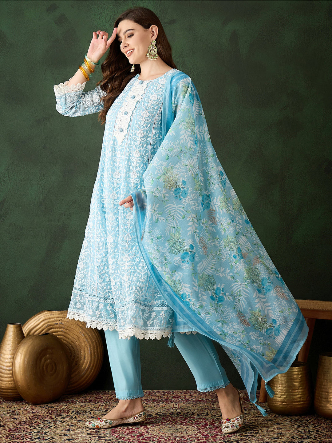 Captivating Sky Blue Embroidered Organza Pant Suit With Dupatta