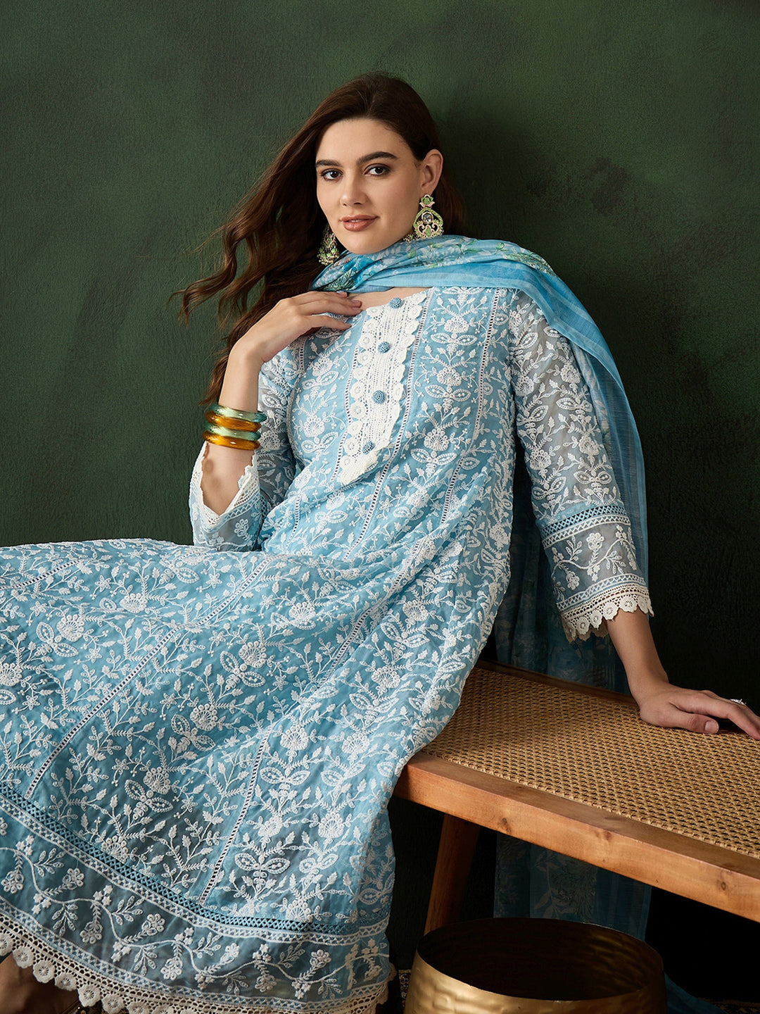 Captivating Sky Blue Embroidered Organza Pant Suit With Dupatta