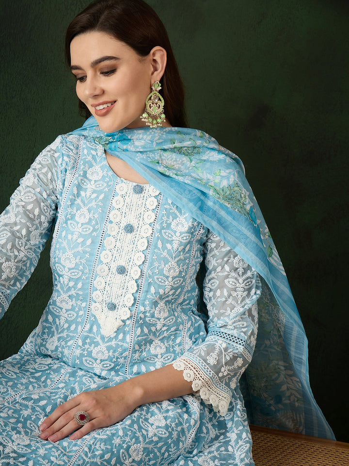 Captivating Sky Blue Embroidered Organza Pant Suit With Dupatta