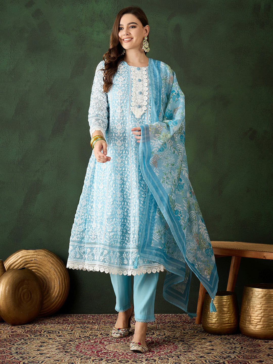 Captivating Sky Blue Embroidered Organza Pant Suit With Dupatta