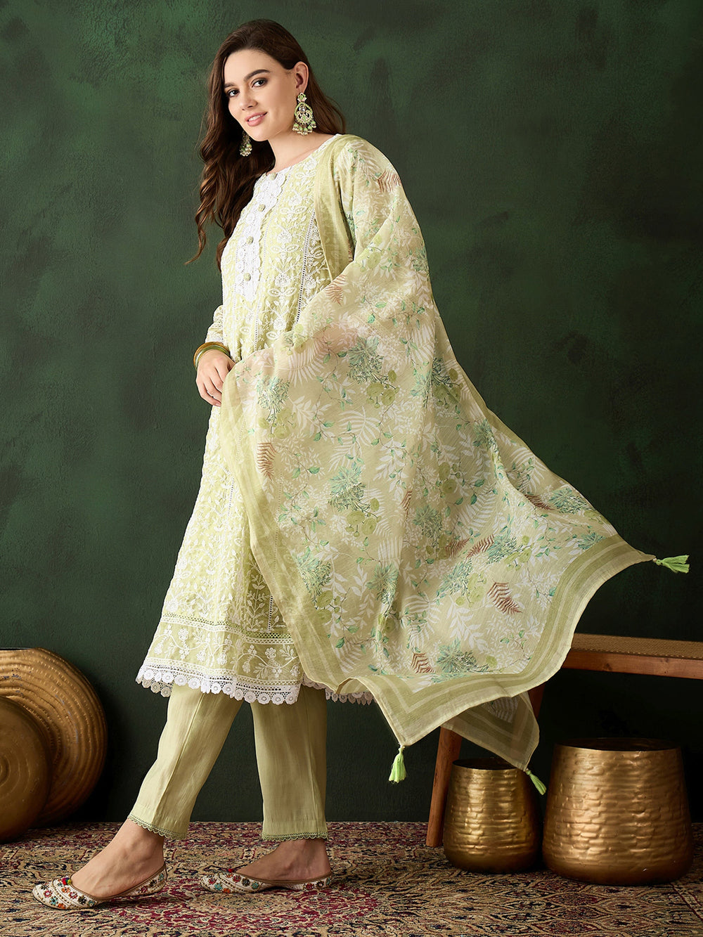 Adorable Olive Green Embroidered Organza Event Wear Pant Suit