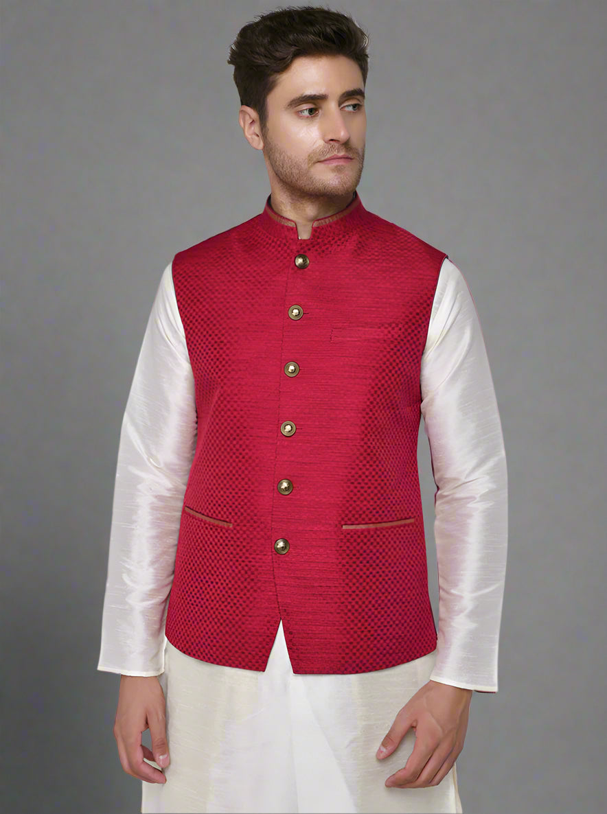 Comfortable and stylish pink Jacquard waistcoat with self-texture, ideal for weddings and festive events.