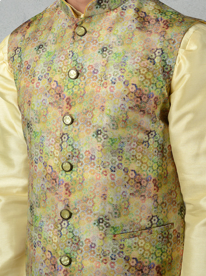 Unique Multi-Green waistcoat in Tussar silk with a straight cut and abstract print, offering an elegant look for every occasion.