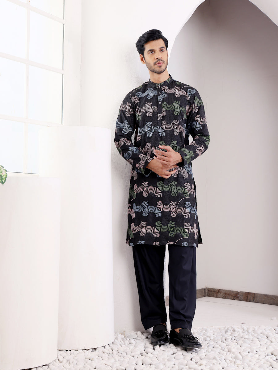 Men's linen kurta set with handwoven embroidery and art silk bottom.