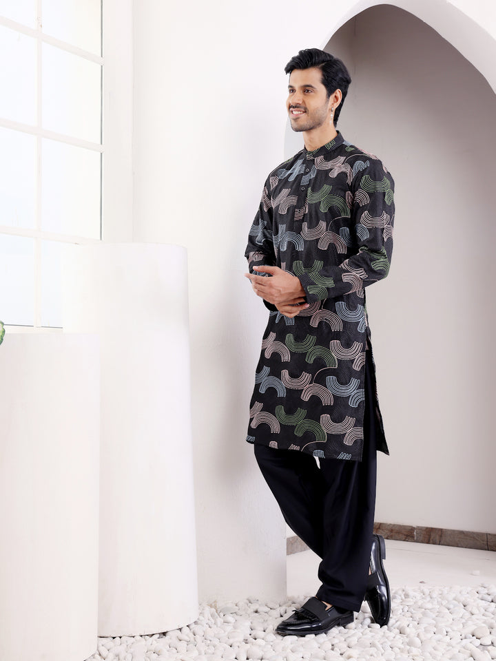 Handwoven embroidered men's kurta with full sleeves and mandarin collar.