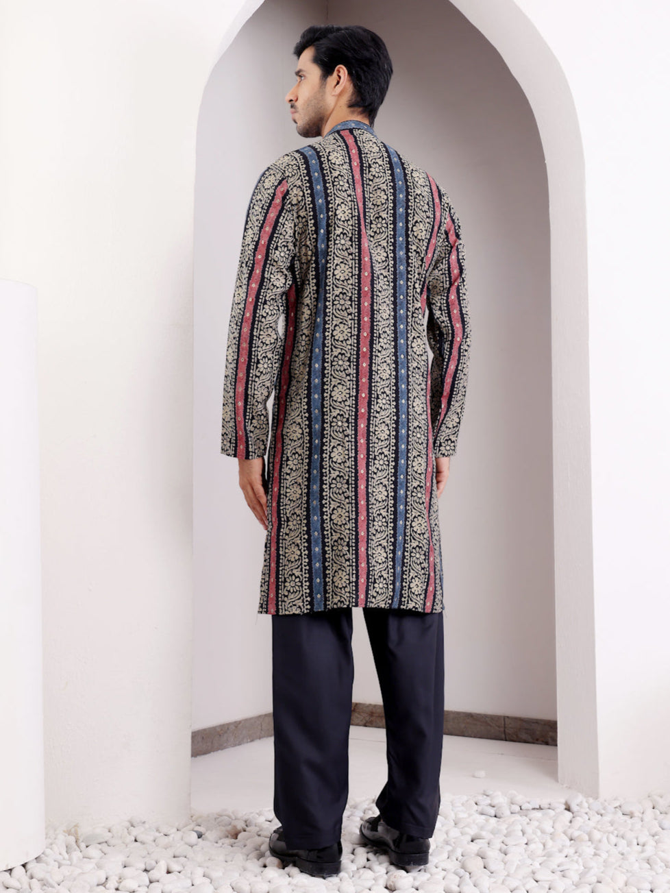 Elegant multi color kurta pajama set for men with intricate embroidery
