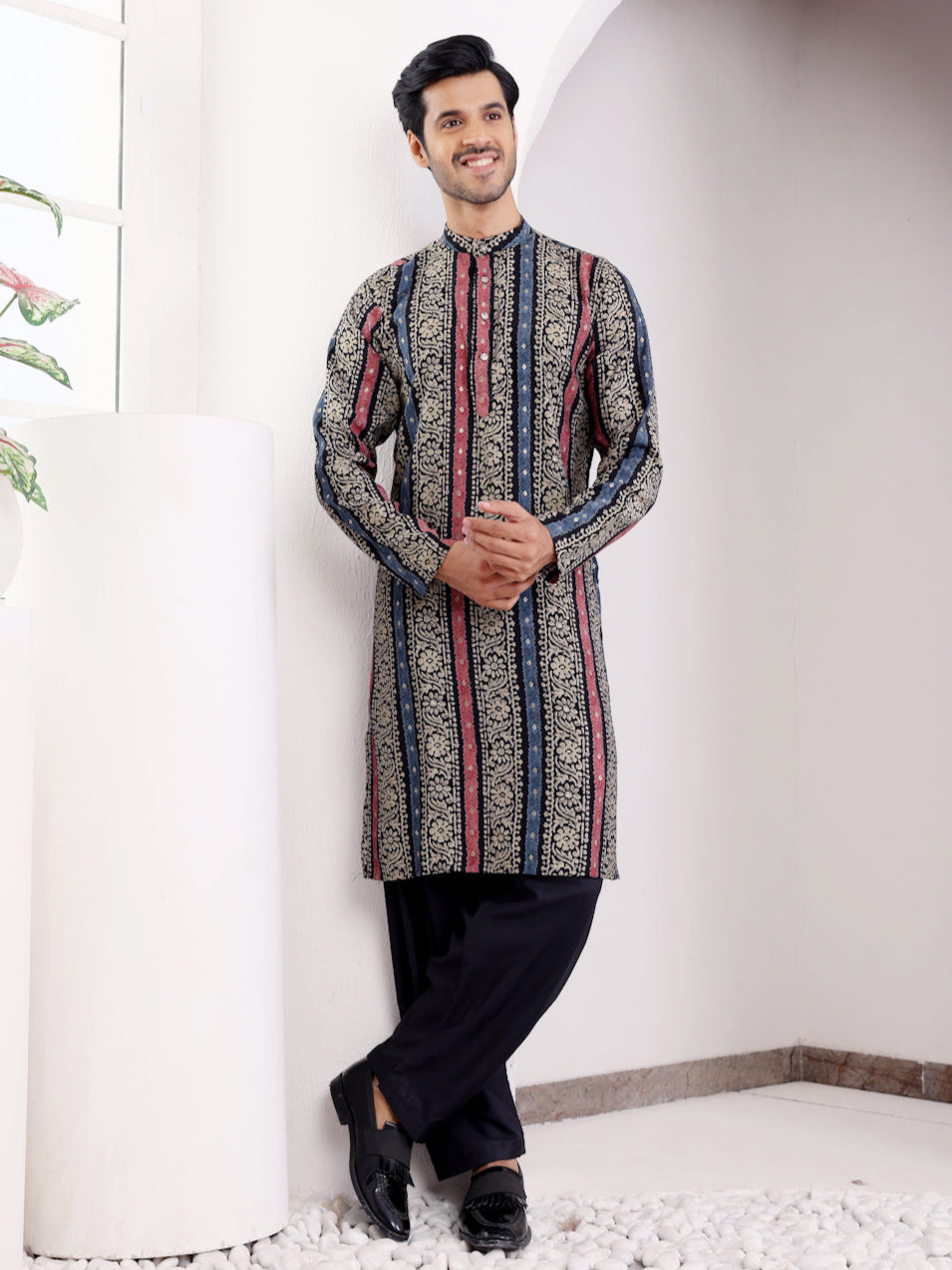 Stylish men's kurta set in multi color with matching pajama
