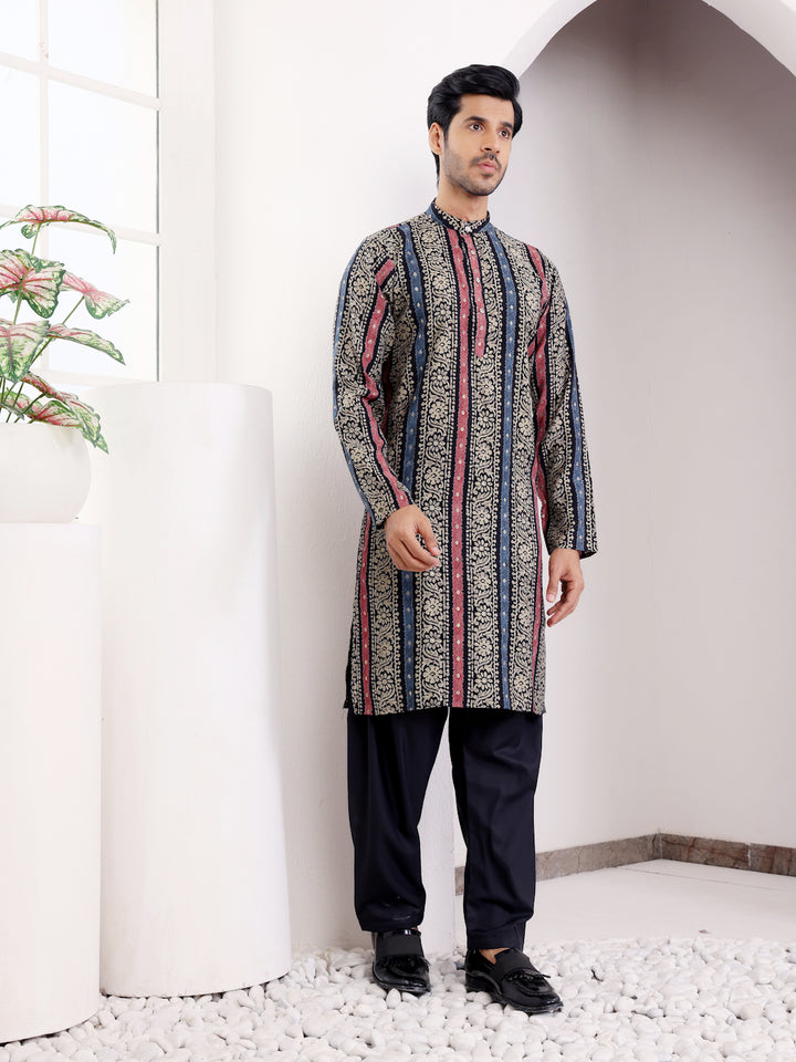 Men's multi color kurta with pajama, featuring elegant embroidery
