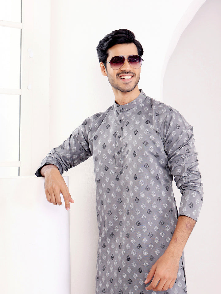 Gray viscose kurta set featuring detailed craftsmanship and a contemporary cut for men.