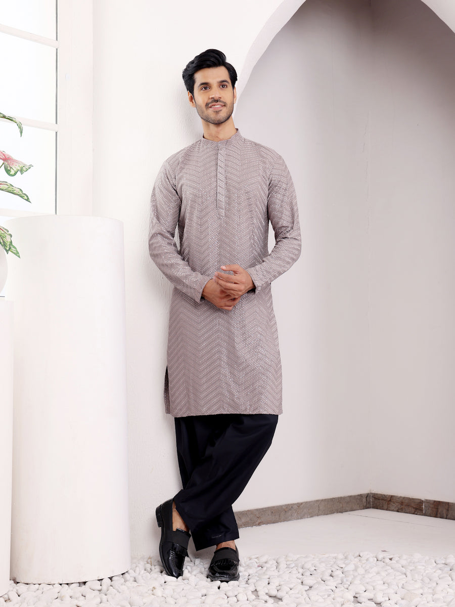 Dark grey kurta set for men with handwoven motifs and Chikankari embroidery, ideal for festive occasions.