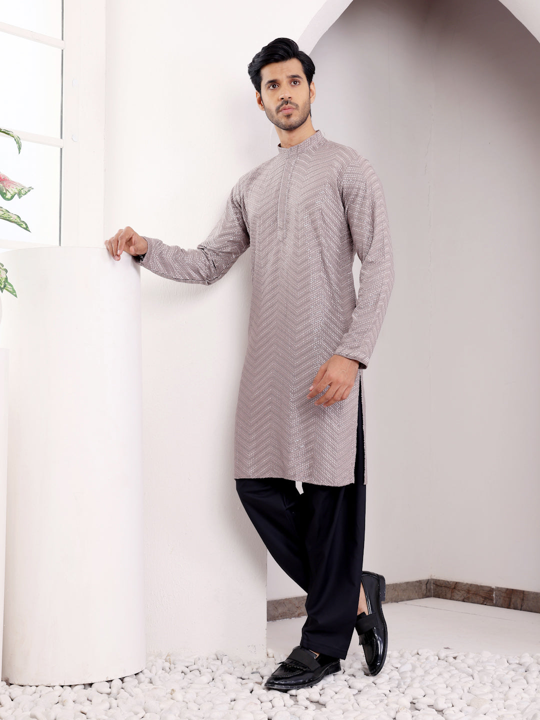 Timeless dark grey kurta set for men, designed with Chikankari embroidery and handwoven detailing.