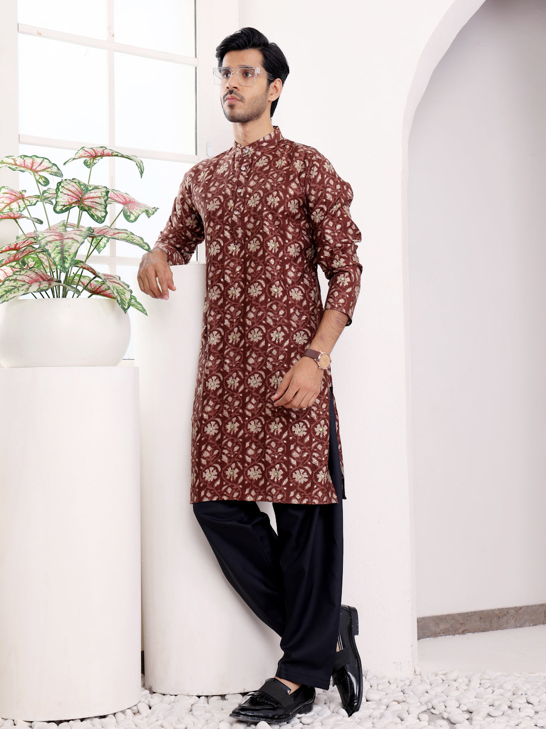 Stylish men's brown kurta with traditional kurta pajama set
