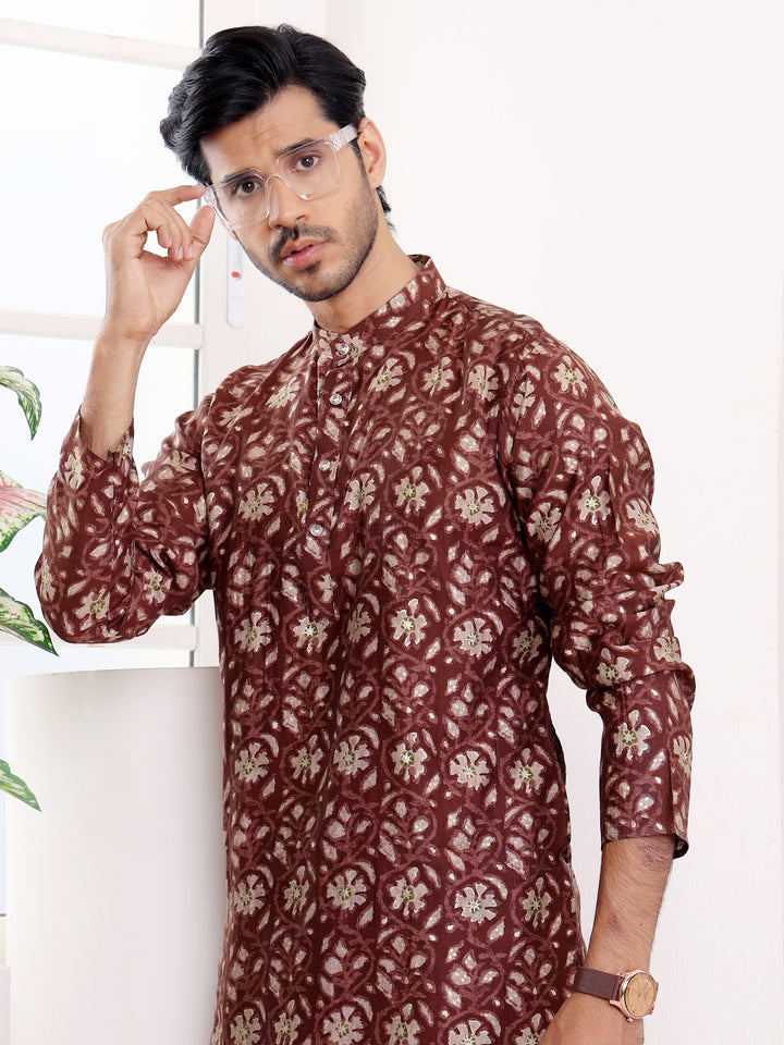 Indian traditional brown kurta pajama set for men in silk
