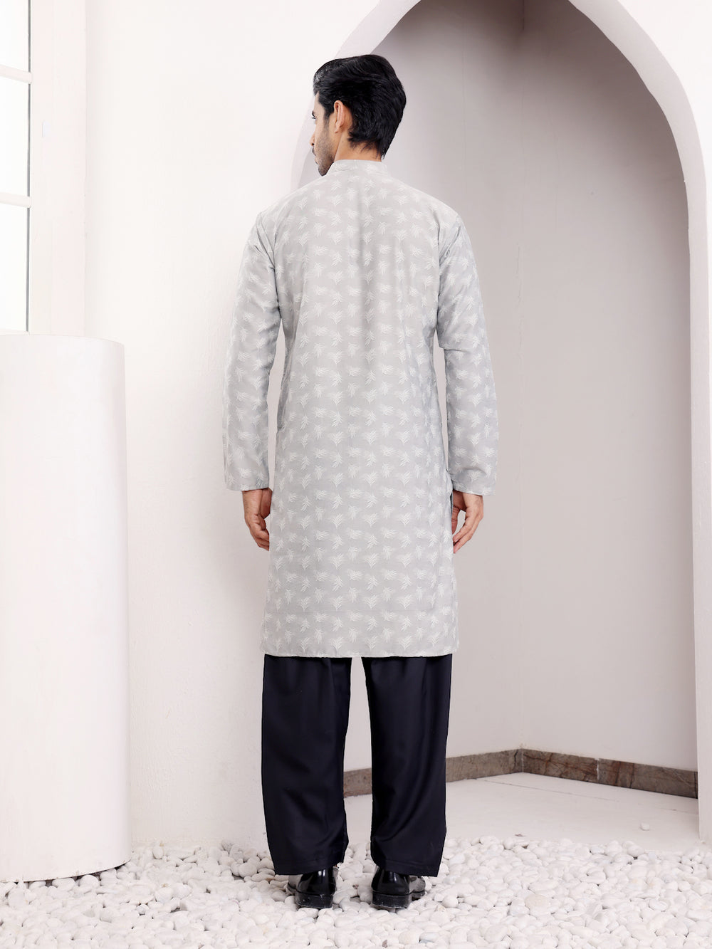 Elegant gray viscose kurta with intricate handwoven designs, paired with a comfortable matching pajama.