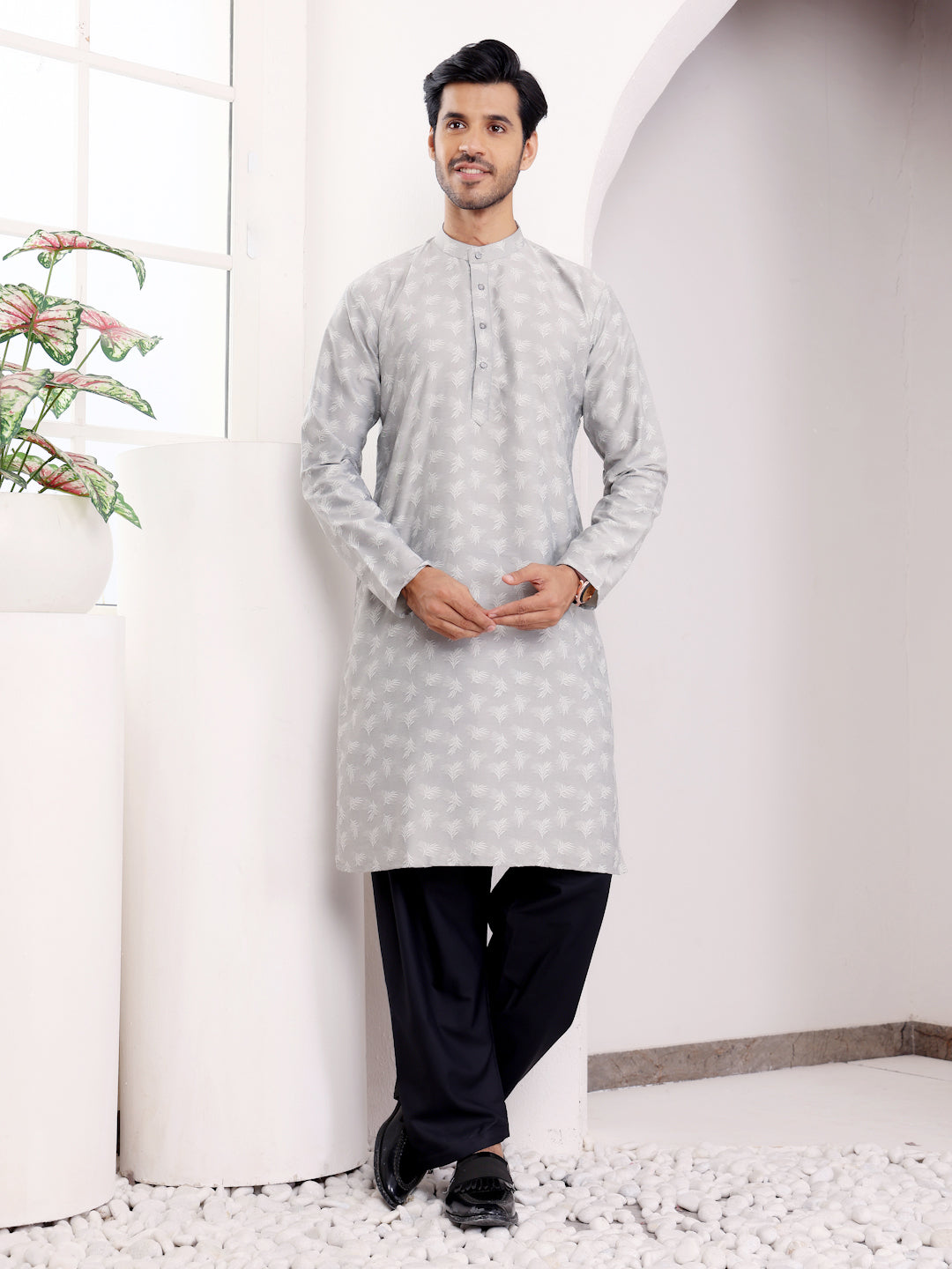 Gray viscose kurta pajama set with handwoven motifs, perfect for weddings and festive celebrations.