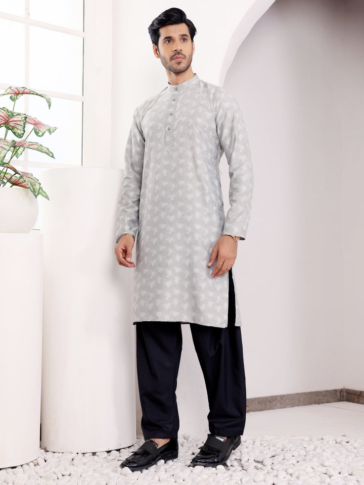 Traditional gray viscose kurta set for men, featuring detailed handwoven motifs and a modern cut.