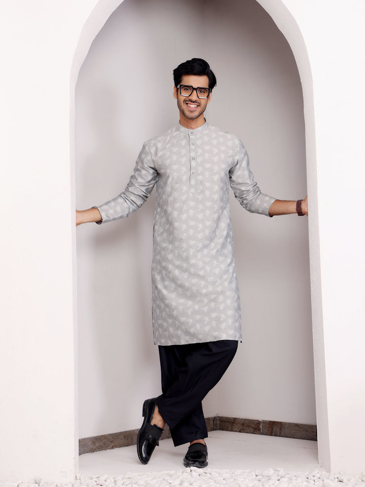 Modern gray kurta with fine handwoven details, paired with a soft viscose pajama for ultimate comfort.