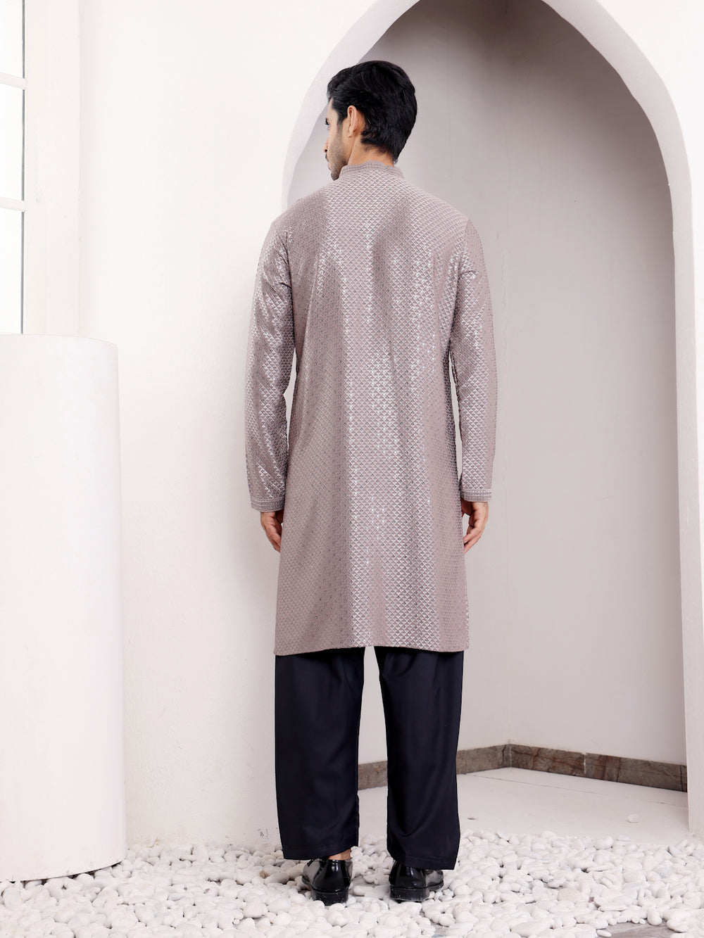 Men’s dark grey kurta with Chikankari work and art silk bottoms, ideal for festive events.