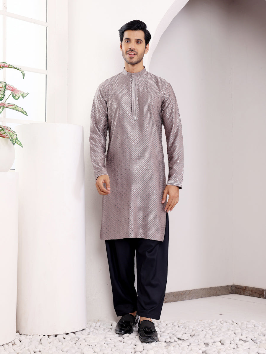 Dark grey traditional kurta set for men with intricate Chikankari embroidery and viscose top.