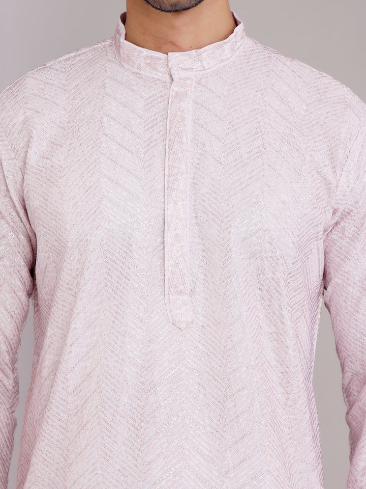 Timeless light pink Viscose kurta set for men with detailed Chikankari work and handwoven accents.