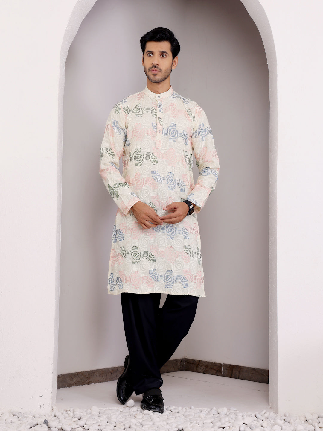 Traditional linen kurta for men, adorned with handwoven embroidery.