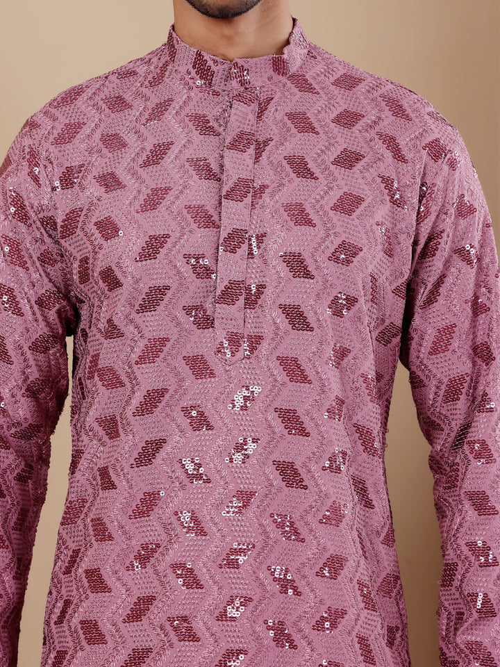 Wedding kurta pajama for men in pinkish purple with fine Chikankari work and art silk bottoms.