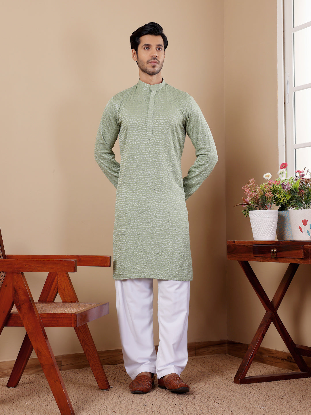 Elegant Kurta Pajama for Men in Pastel Green with Chikankari Work