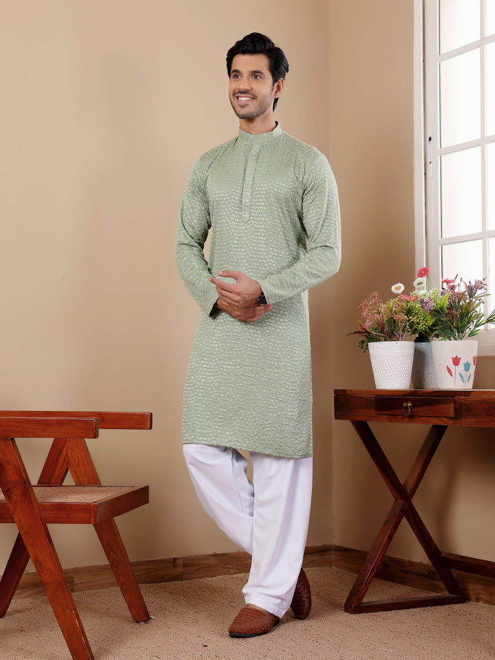 Traditional Kurta Pajama Set in Pastel Green with Chikankari for Weddings