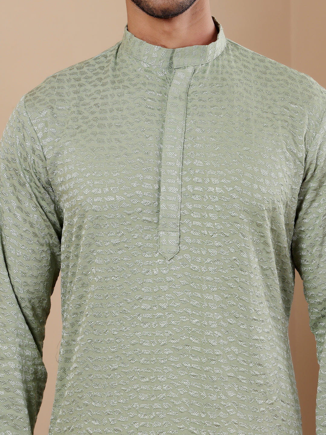 Stylish Pastel Green Kurta Pajama with Detailed Embroidery for Men