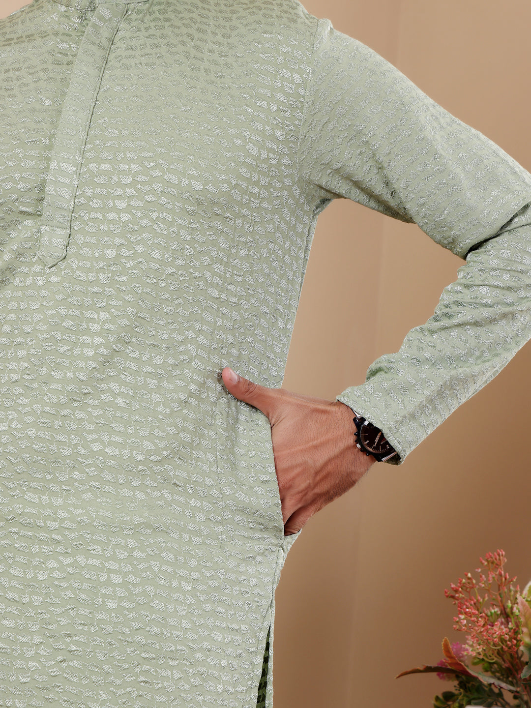 Kurta Pajama for Men in Pastel Green with Chikankari and Art Silk Bottoms