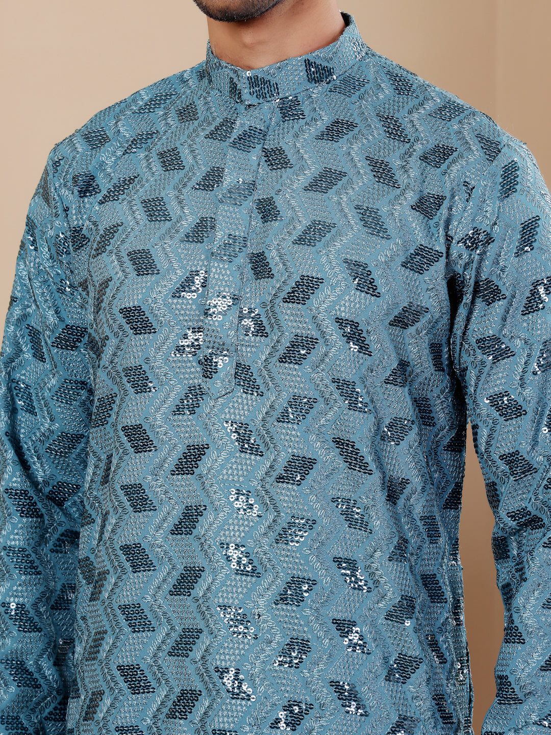 Designer kurta pajama for men in cyan blue with Chikankari embroidery.