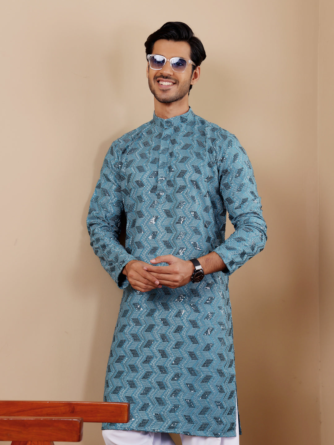 Cyan blue kurta pajama for men, perfect for festivals and special occasions with intricate Chikankari work.