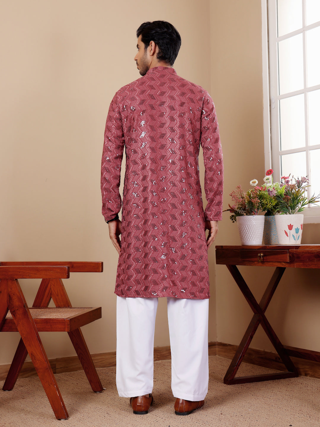 Barry red kurta featuring delicate Chikankari embroidery and art silk bottoms for men.