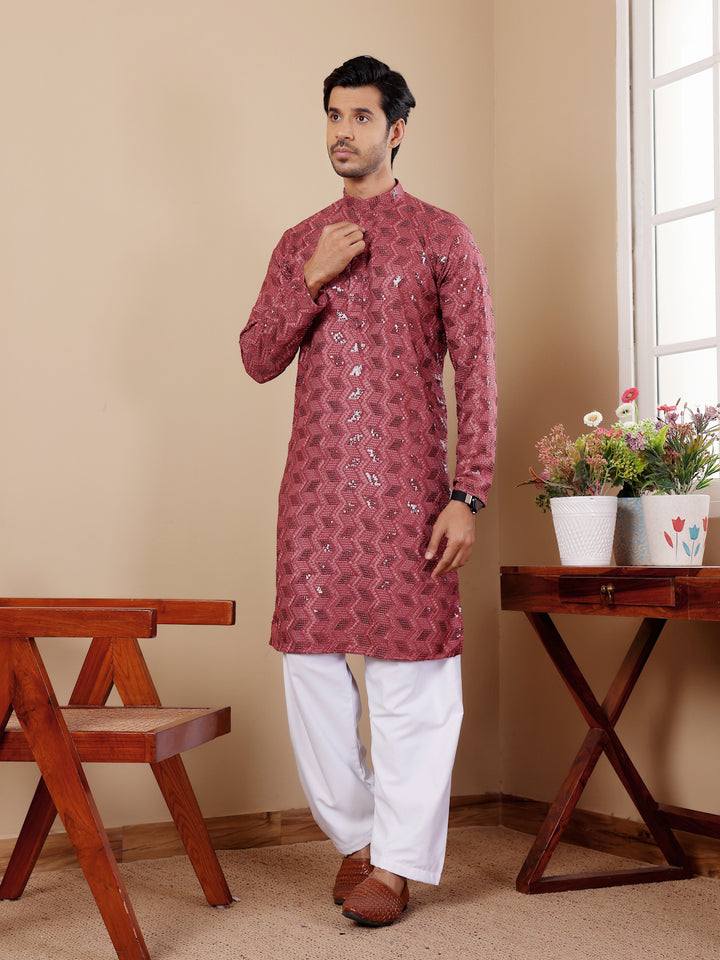 Men’s barry red kurta set with intricate Chikankari work and art silk bottoms for a festive look.