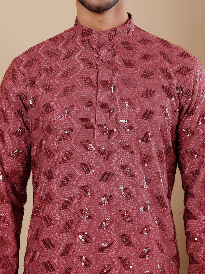 Timeless barry red kurta for men with handwoven Chikankari and art silk bottoms.