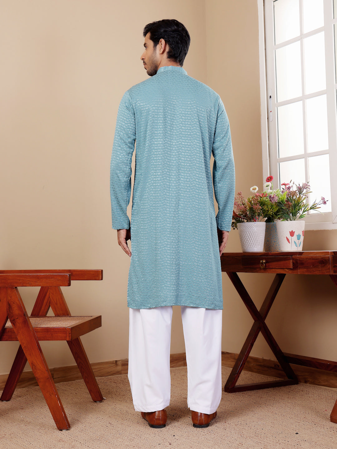 Light Blue Chikankari Kurta Pajama Set for Men with Art Silk Bottoms