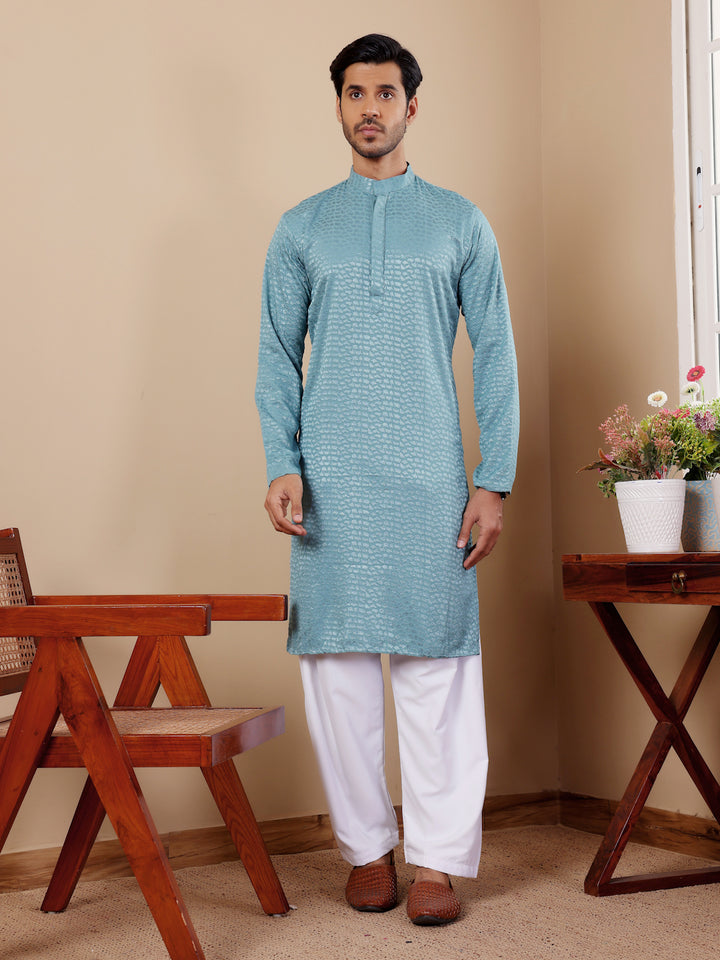 Men’s Light Blue Kurta Pajama with Chikankari Work for Weddings