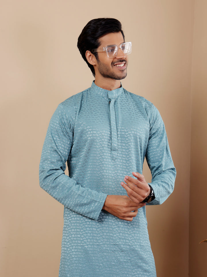 Light Blue Kurta Set with Chikankari Embroidery for Men’s Weddings