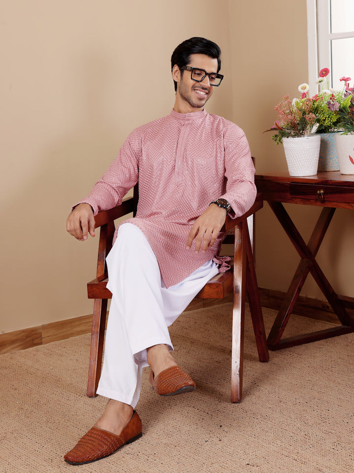 Onion pink kurta for men with Chikankari embroidery and stylish art silk bottoms for cultural events.