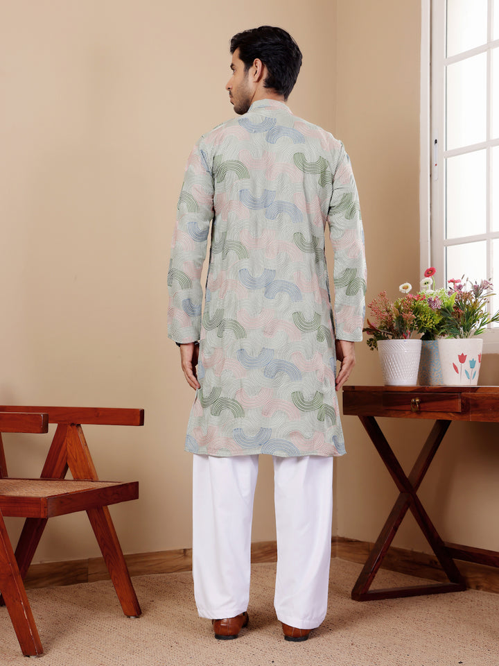 Handwoven embroidered kurta set for men with luxurious linen fabric.