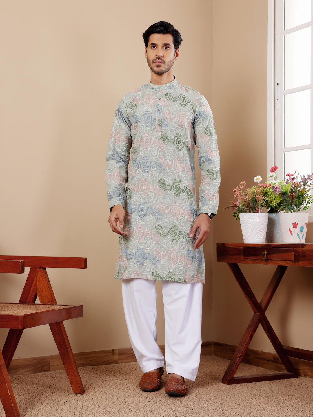 Men's kurta in premium linen, ideal for sangeet and festive attire.