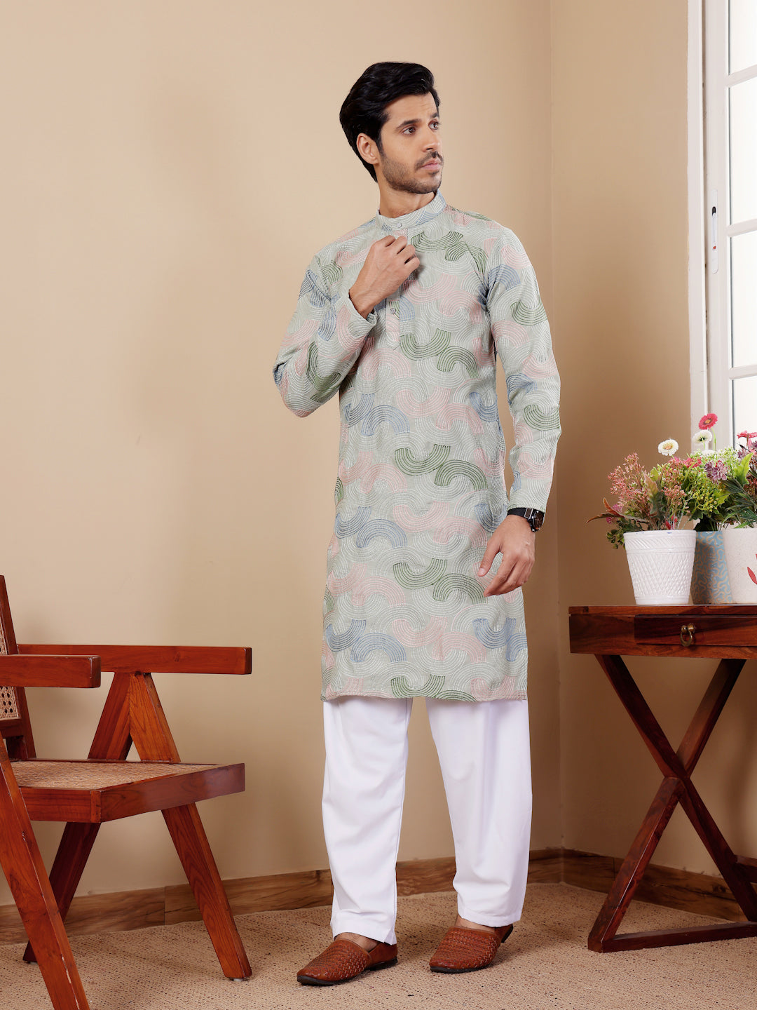 Traditional linen men's kurta with art silk bottom for sangeet events.