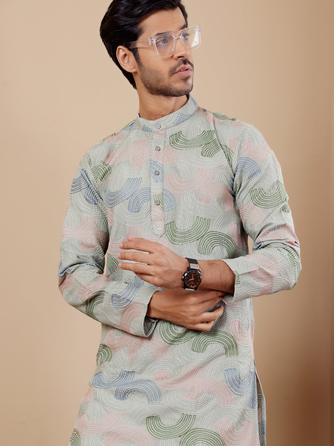 Designer men's kurta featuring handwoven details for special occasions.