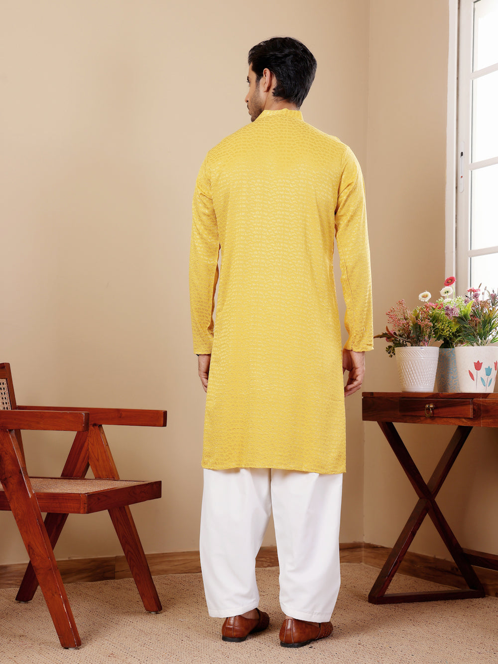 Traditional Yellow Kurta Pajama for Men with Chikankari Work for Weddings