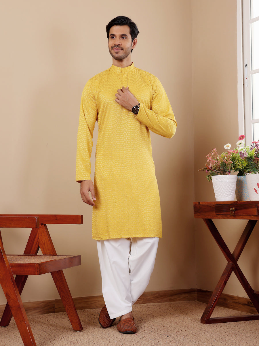 Men’s Yellow Chikankari Kurta Pajama Set with Embroidery for Weddings