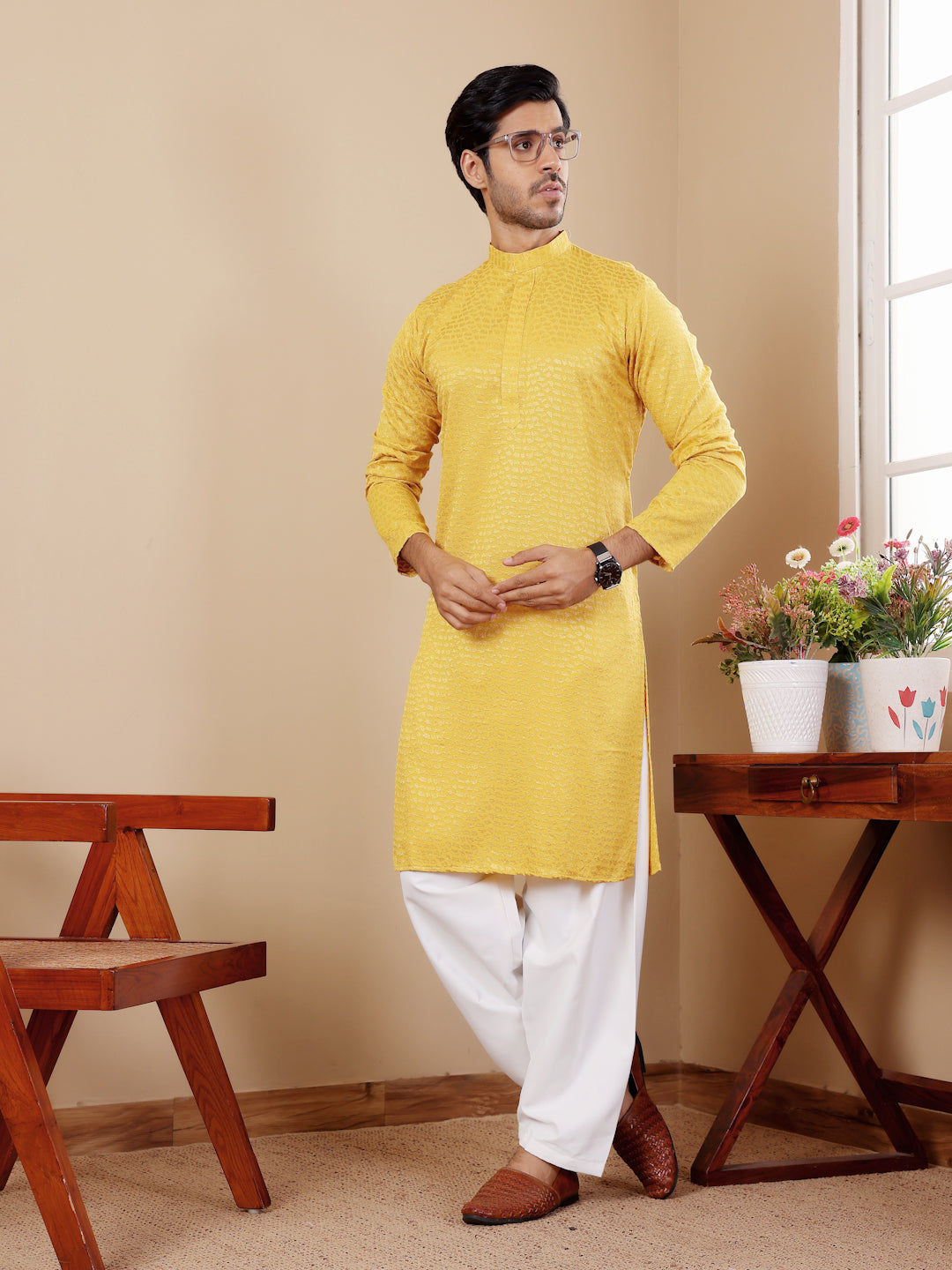 Men’s Yellow Chikankari Kurta Set with Art Silk Bottoms for Weddings