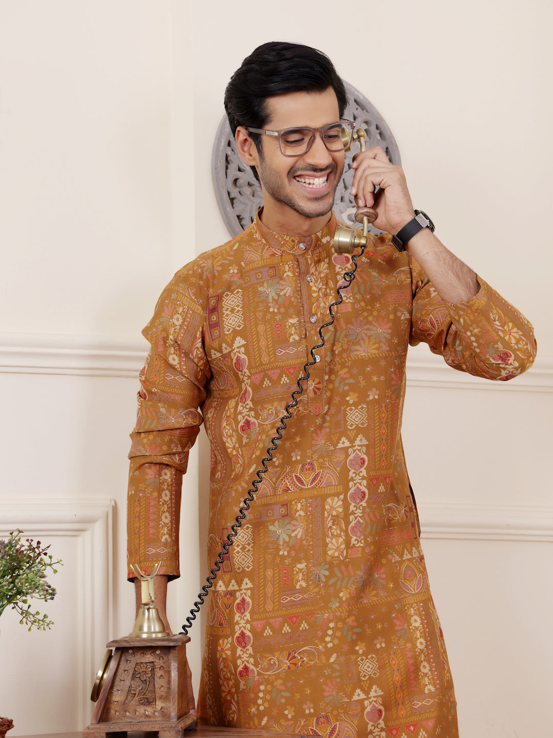 Timeless brownish yellow kurta pajama set for men with luxurious fabric.
