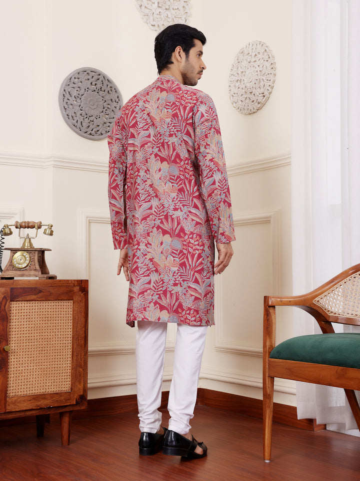 Pink modal silk kurta pajama set for men with intricate embroidery